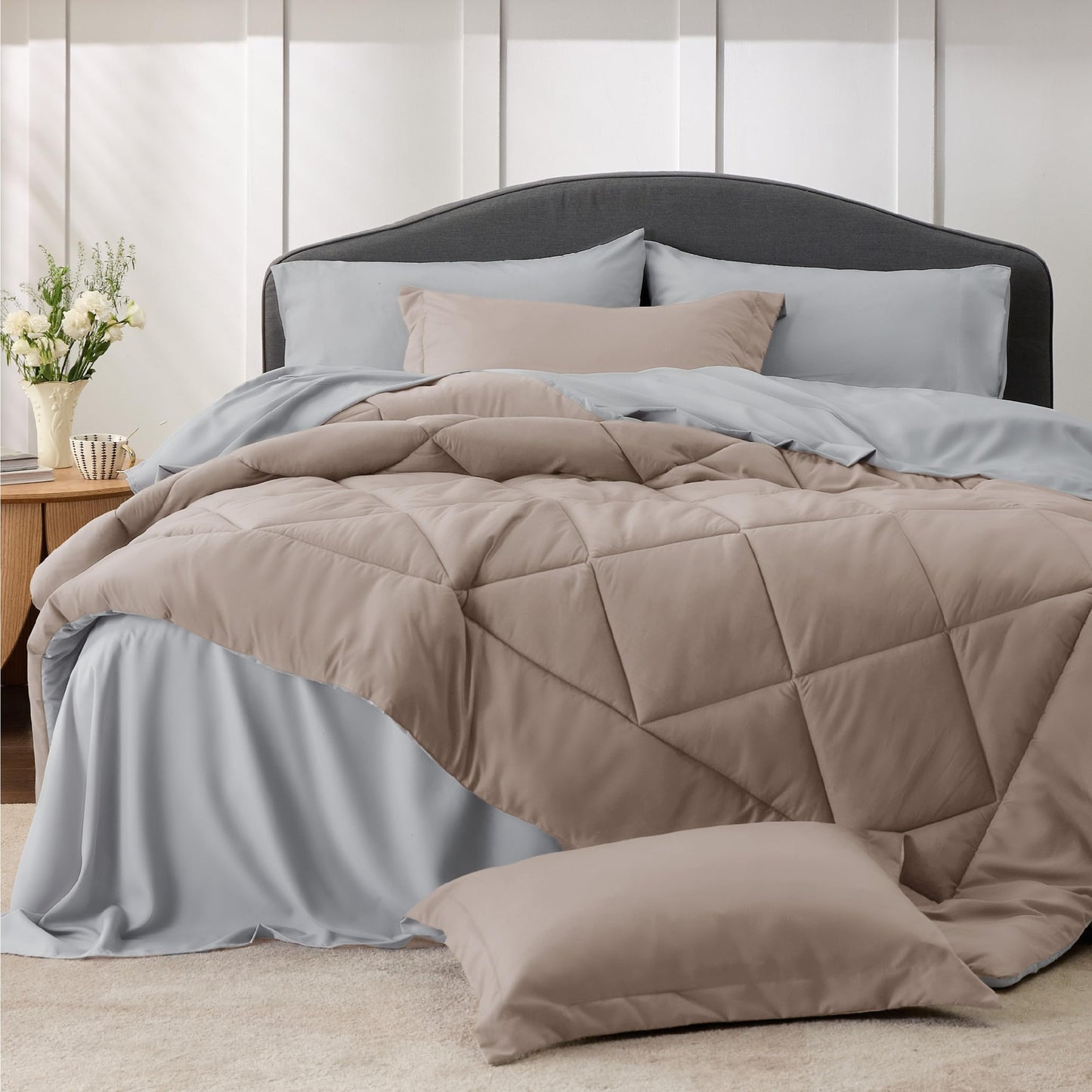 Bedsure Taupe Twin Comforter Set - 5 Pieces Twin Bed in a Bag, Extra Long Twin Bed Set with Comforters, Sheets, Pillowcase & Sham, Twin Bedding Sets