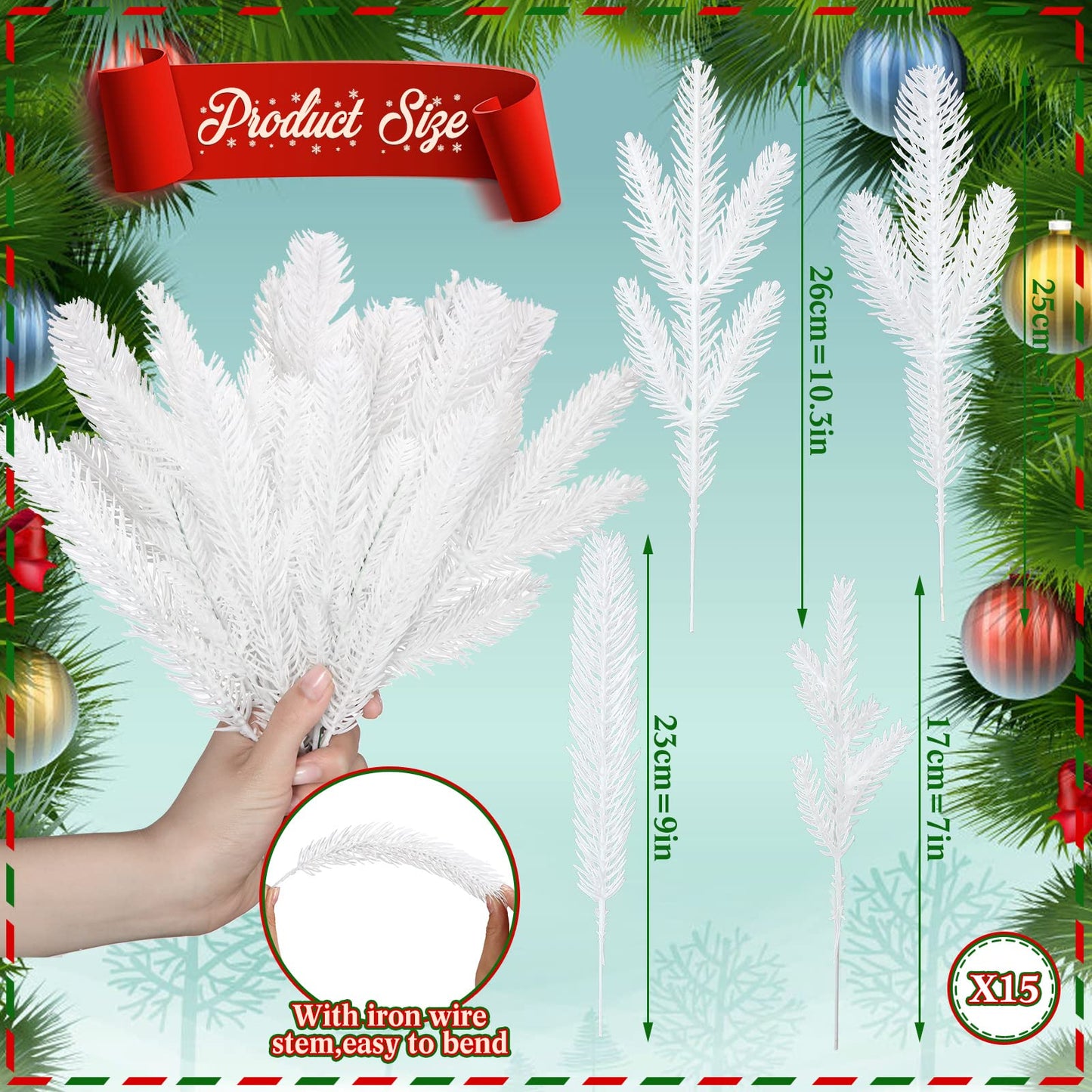 Syhood Christmas Artificial Pine Branches 4 Styles Pine Needles Faux Pine Tree Branches Garland Fake Greenery Picks for Mantle Garland Indoor Home Xmas Holiday Wall Decor(White, 60 Pieces)