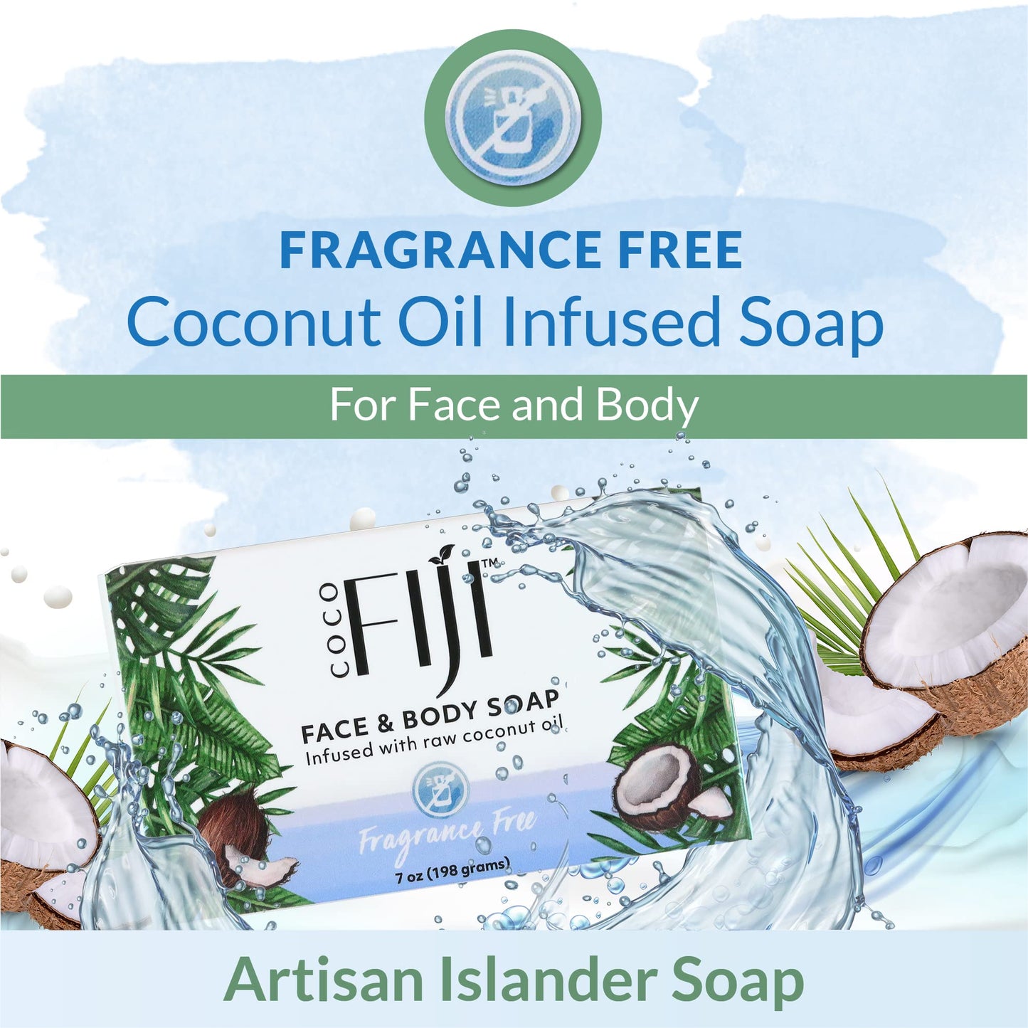 "Coco Fiji Soap Bar for Face and Body Infused With Organic Coconut Oil, Fragrance Free, Essential Oil, Natural Soap for Moisturizing & Pore Purifying Skin, 7 oz, Pack Of 3 "