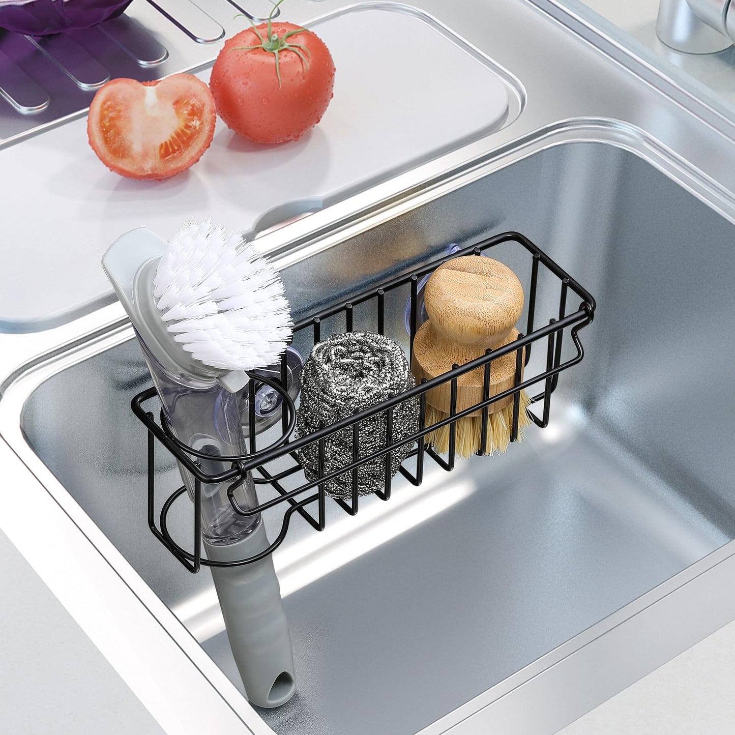 3-In-1 Sponge Holder for Kitchen Sink, 2 Type Suspension Options (Suction Cups & Adhesive Hook), Hanging Sink Caddy Organizer Rack - Sponge, Dish Cloth, Brush, Scrubber, 304 Stainless Steel - Black