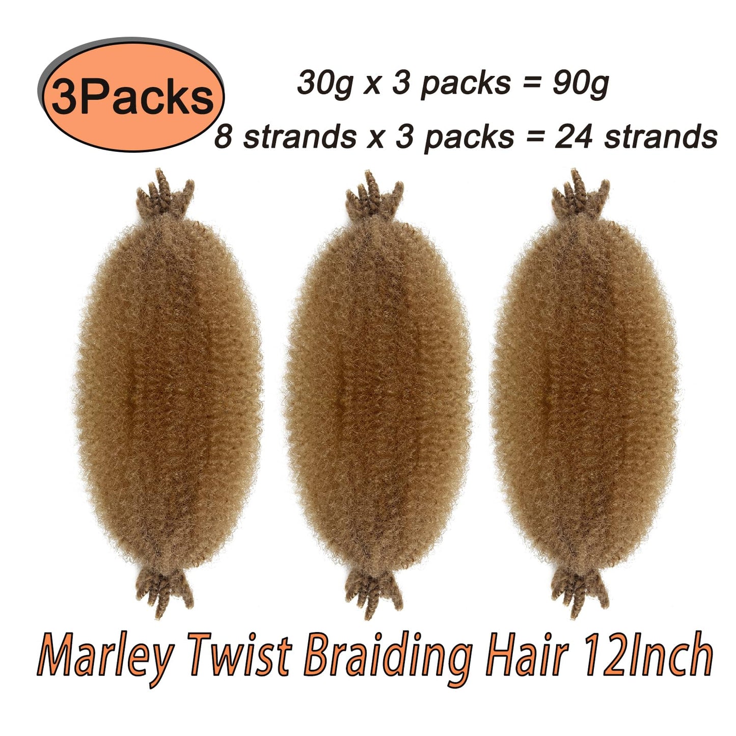 Marley Twist Braiding Hair 12 Inch Afro Twist Hair for Faux Locs Kinky Twist Hair Crochet Hair for Women Springy Afro Twist Hair Pre Stretched Braiding Hair Cuban Twist Hair (12 Inch (Pack of 3), 27#)