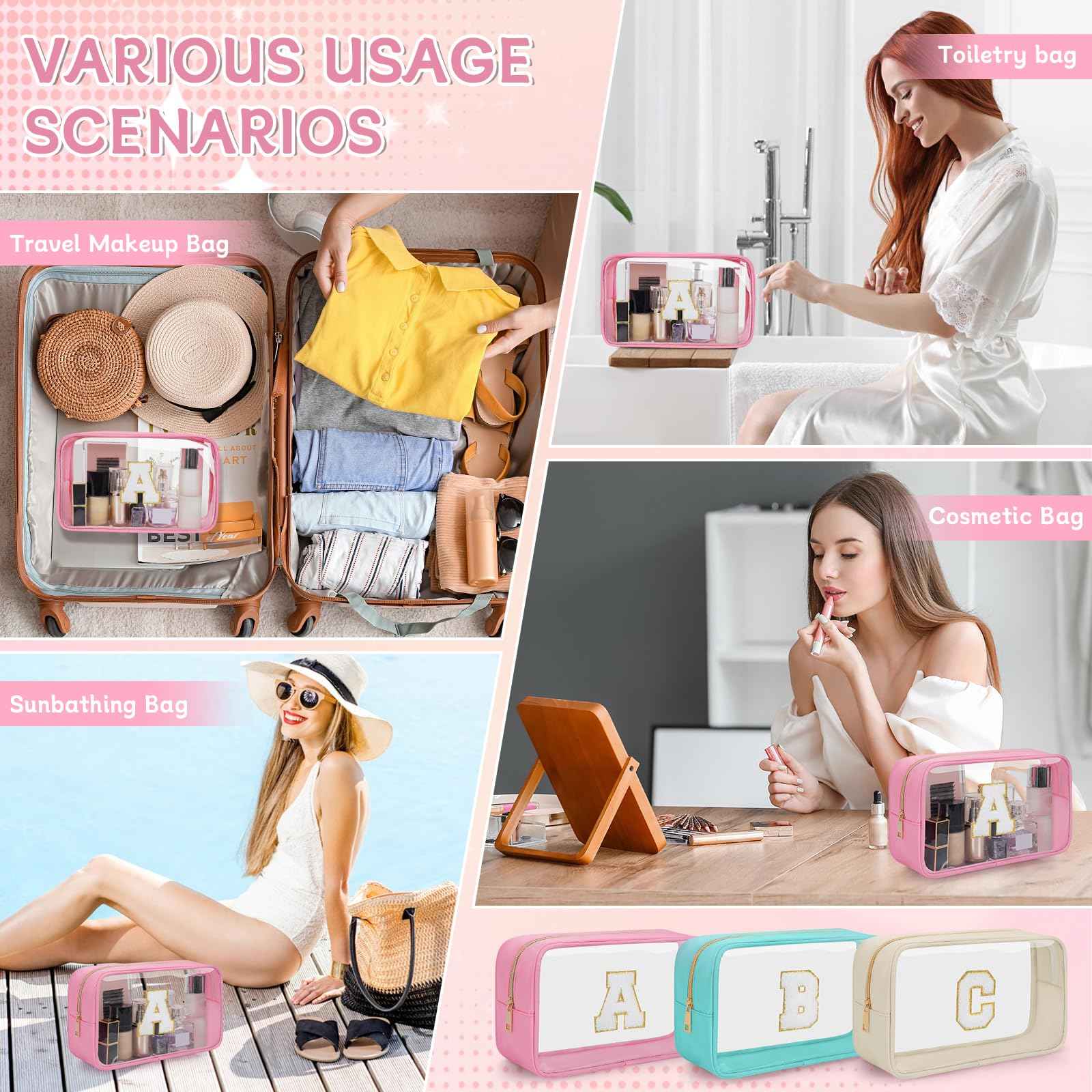 WELIDAY Personalized Initial Clear Makeup Bag, Travel Chenille Patch Cosmetic Bag, Preppy Toiletry Bag Monogram Cosmetic Pouch with Zipper, Ideal Gift for Teen Girls Women (Clear-Pink, A)