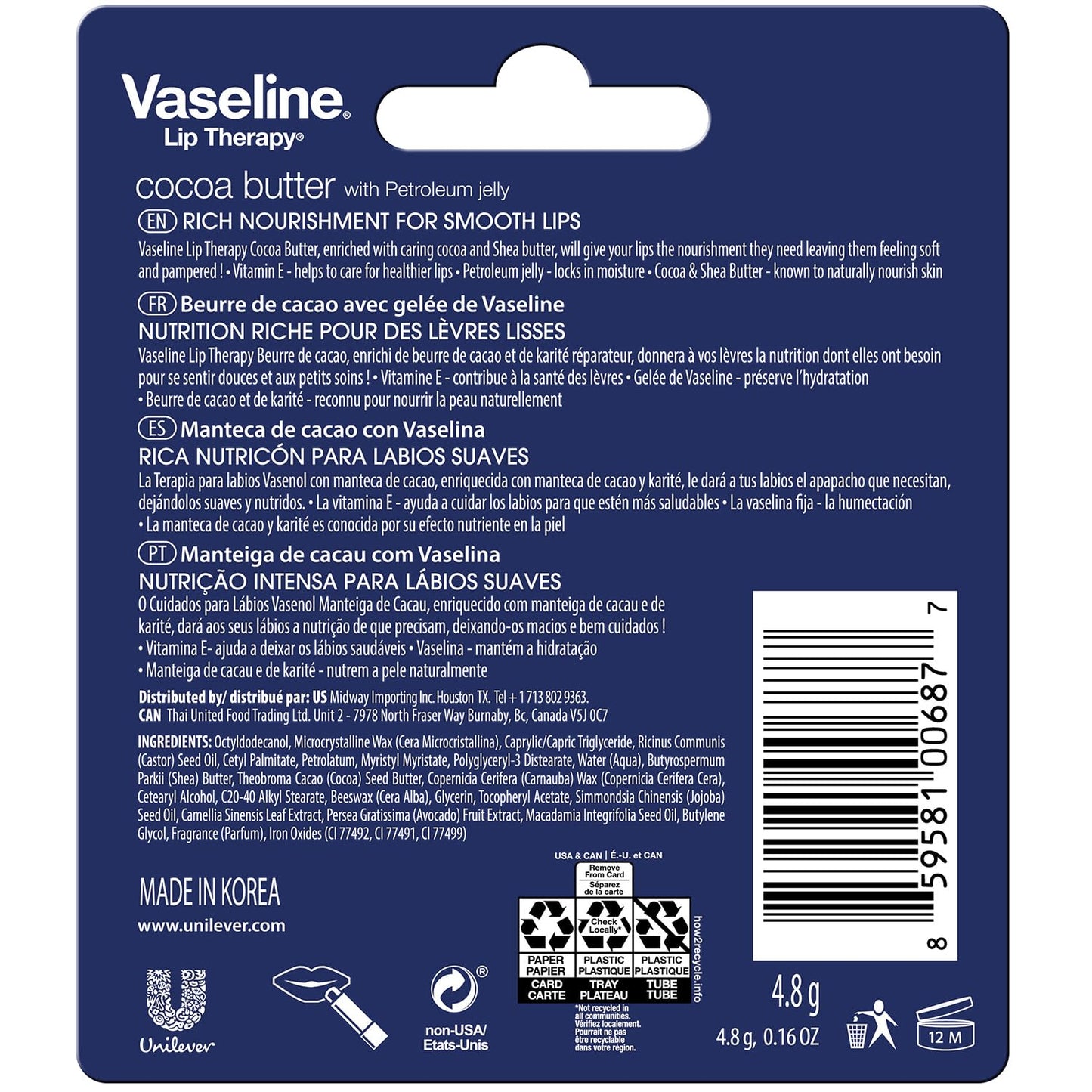 Vaseline Lip Therapy Cocoa Butter, Fast-Acting Nourishment, Ideal for Chapped, Dry, or Cracked Lips, Lip Balm Stick, 0.16 Oz (Pack of 4)