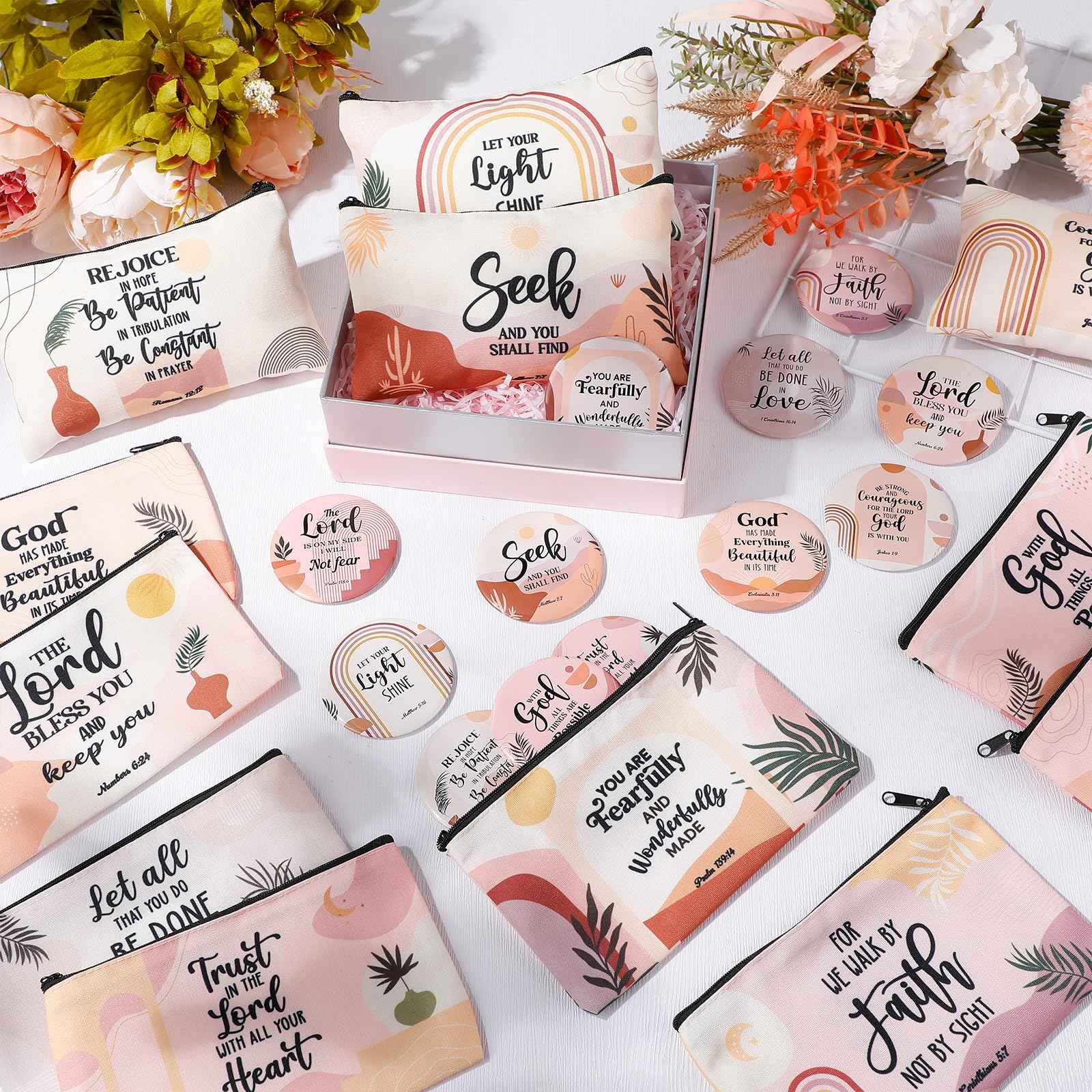 Geelin 24 Pcs Christian Gifts Bulk for Women 12 Religious Canvas Makeup Bags 12 Boho Bible Verse Compact Mirrors Inspirational Church Party Gifts for Women Mother Sister