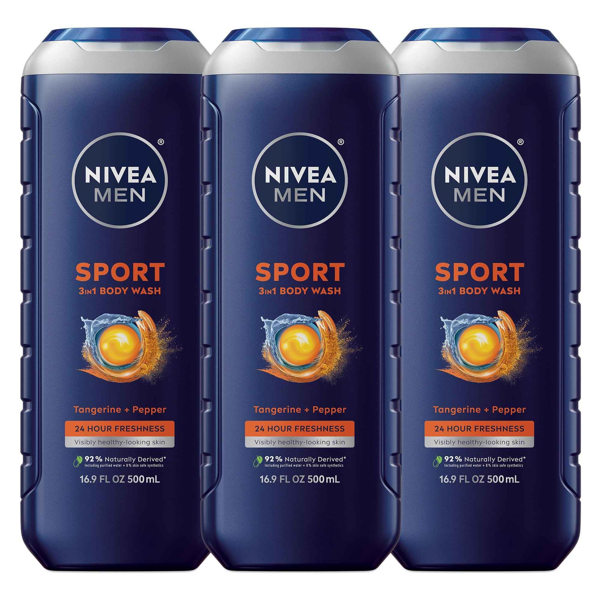NIVEA Men Sport Body Wash with Revitalizing Minerals, Tangerine and Pepper Scent, 3-in-1 Men's Body Wash, Face and Hair, Paraben Free, Vegan Formula, 16.9 Fl Oz Bottle, Pack of 3