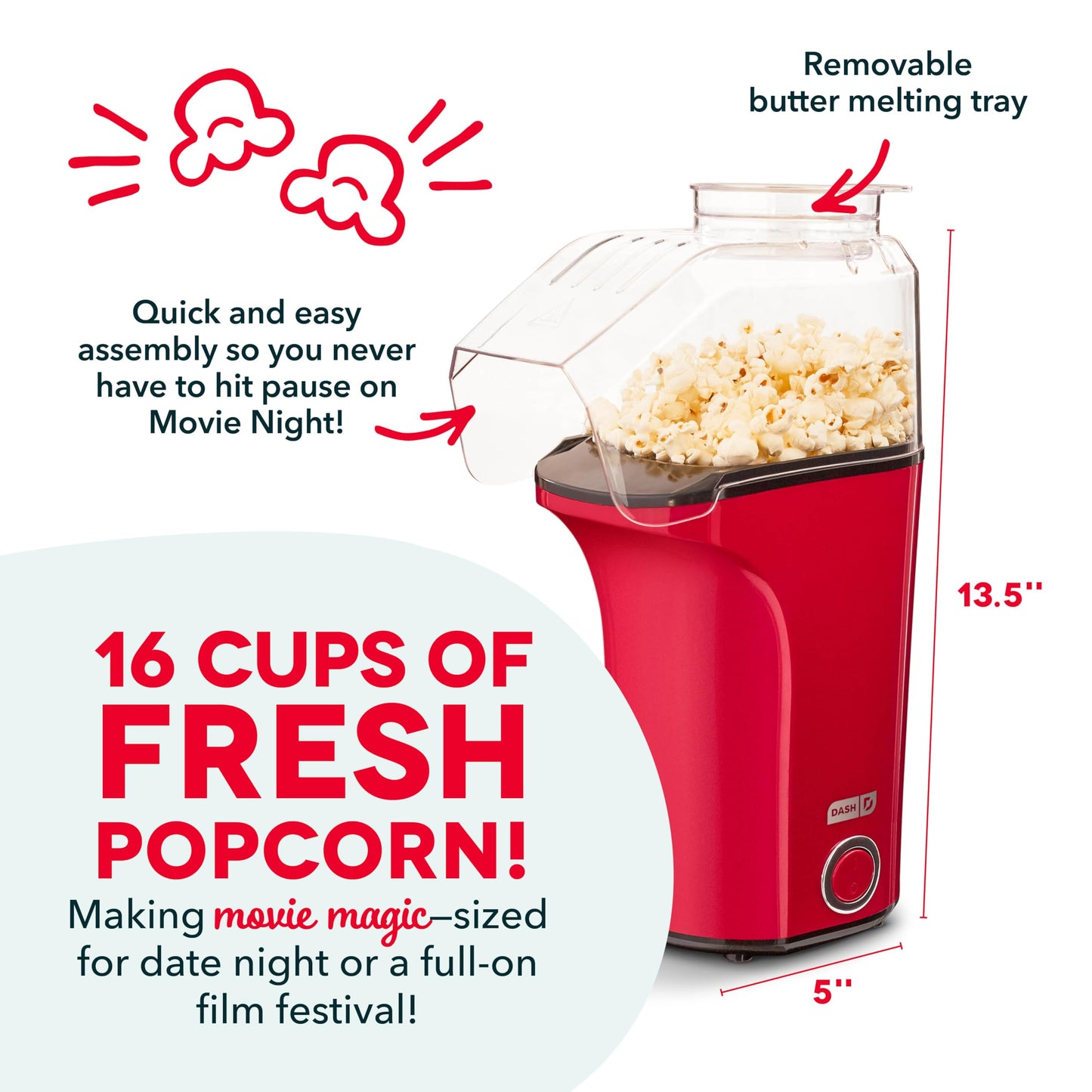 DASH Hot Air Popcorn Popper Maker with Measuring Cup to Portion Popping Corn Kernels + Melt Butter, 16 Cups - Red