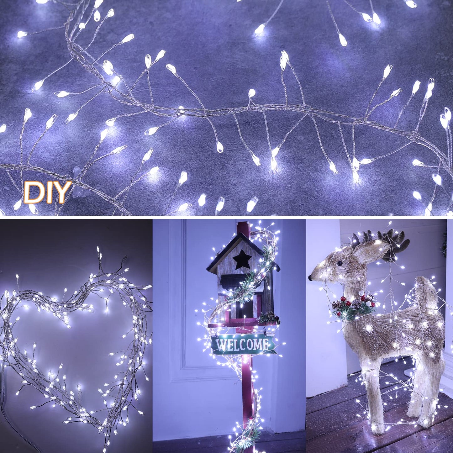 Fairy Lights Plug in, 10Feet 200 LEDs Firecracker String Lights with Remote, Christmas Lights Cluster Starry String Lights for Ceiling Bedroom Wreath Garland Window Christmas Decoration, Pure White