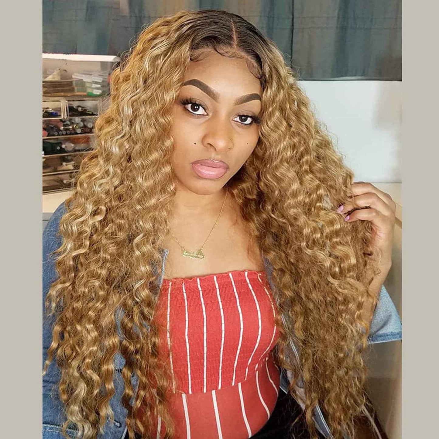 Luxvogue Curly Human Hair Wig Omber T 27 Lace Frontal Closure Deep Curly Human Hair Wig Pre Plucked Pre Cut Lace Frontal Closure Glueless Wigs Elastic Band 200% Density