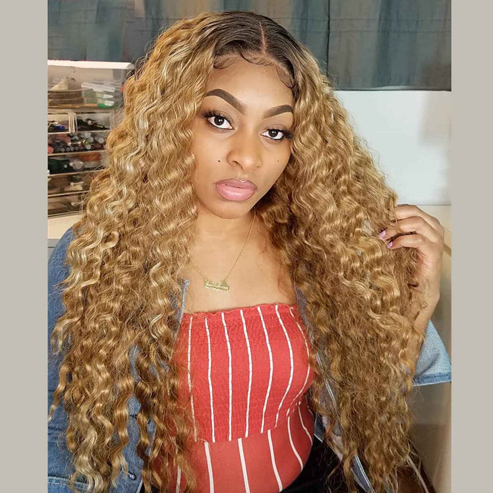 Luxvogue Curly Human Hair Wig Omber T 27 Lace Frontal Closure Deep Curly Human Hair Wig Pre Plucked Pre Cut Lace Frontal Closure Glueless Wigs Elastic Band 200% Density