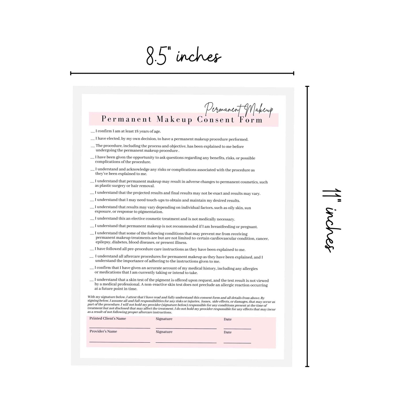 Permanent Makeup Intake, Consent, and Aftercare Form | 75 Pack | 8.5 x 11" A1 Forms | Clients Signature | for Providers Using Permanent Makeup Pigment for PMU | White and Pink Design