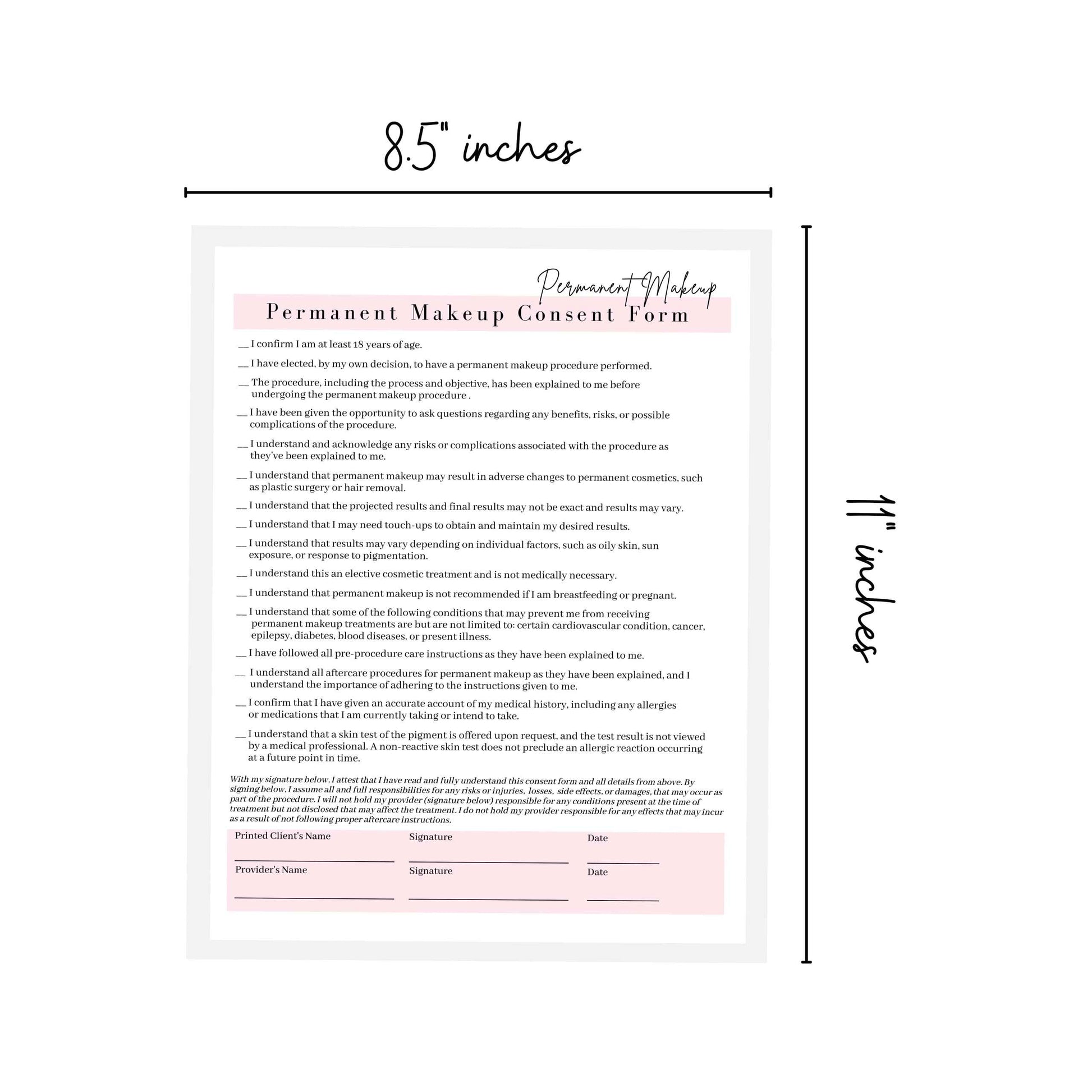 Permanent Makeup Intake, Consent, and Aftercare Form | 75 Pack | 8.5 x 11" A1 Forms | Clients Signature | for Providers Using Permanent Makeup Pigment for PMU | White and Pink Design