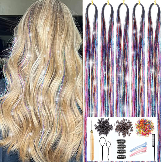 Hair Tinsel Kit Sparkling Tinsel Hair Extensions With Tools 48Inches 1200 Strands Fairy Hair Tinsel Heat Resistant Glitter Hair Extensions Shiny Hair Tensile Accessories for Women Girls Kids (Rainbow)