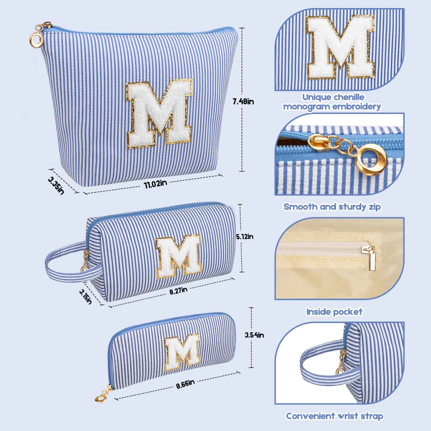 Junesters Initials Makeup Bag Set, Personalized Blue Cosmetic Bag, Cute Large Make up Bags, Travel Toiletry Bag for Women Girl Gifts E (Blue)