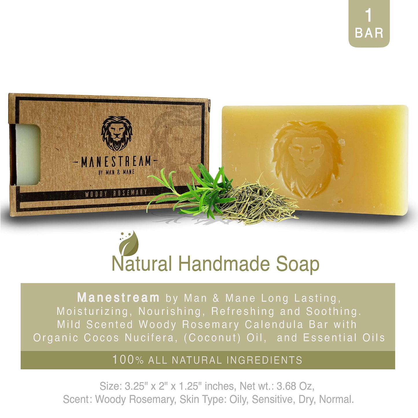 MAN & MANE Manestream Long Lasting, Mild Scented Lavender Rosemary 2-in-1 Skin and Shampoo Bar Cocoabutter, AloeVera, Natural Handmade