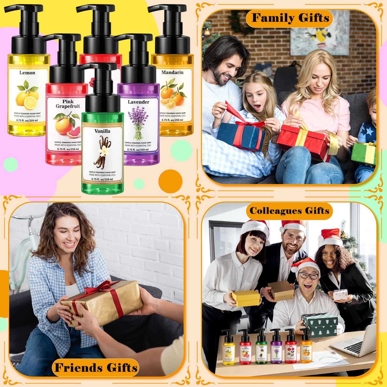 Swiffen 6pack Christmas Foaming Hand Soap with Pump Care Moisturizing Liquid Holiday Foam Hand Wash Stocking Stuffers Gift for Kitchen Bathroom Family Teacher Staff 8.75 Fl.oz(6 Colors,Fresh Scent)