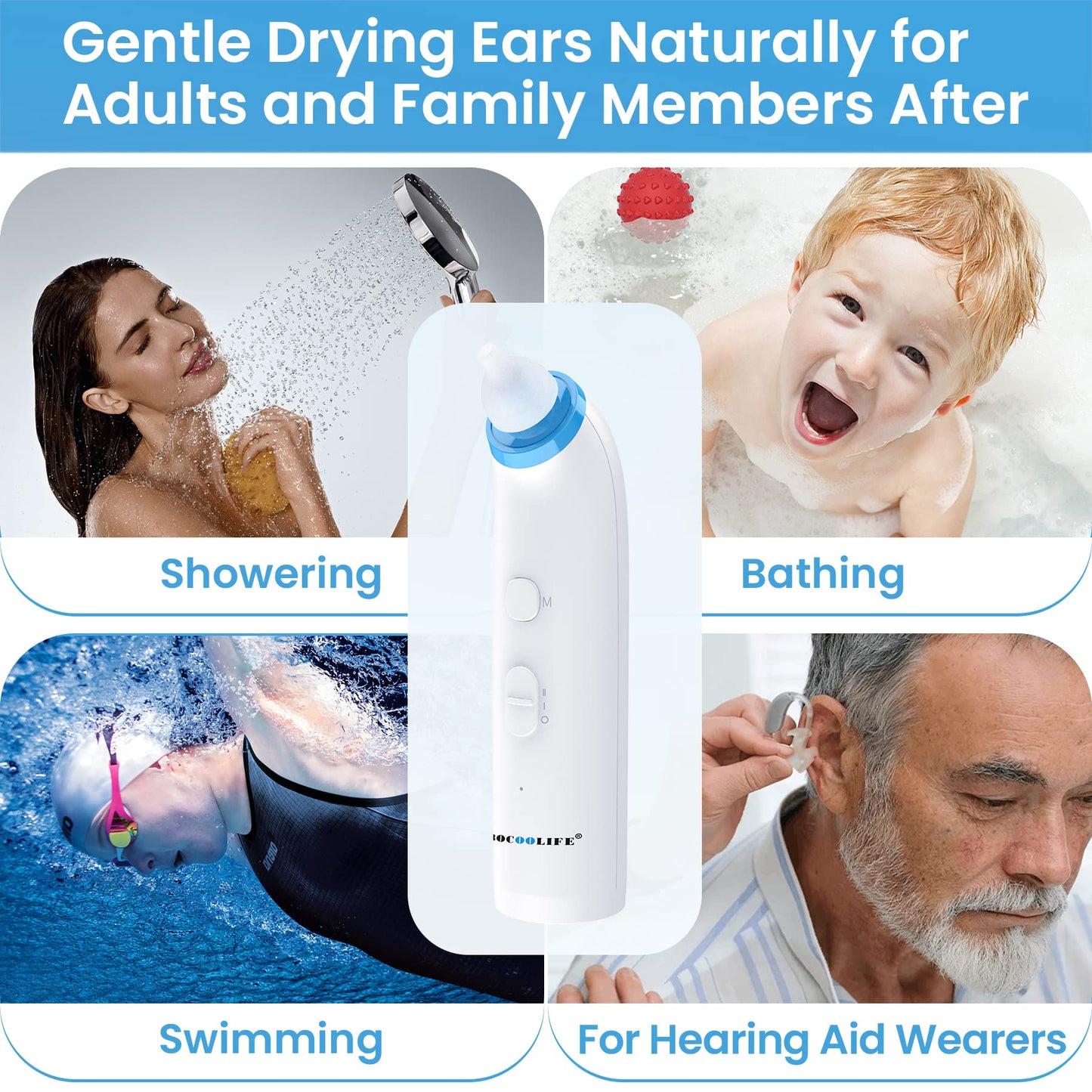 BOCOOLIFE Ear Dryer with 7 Ear Tips, Ear Moisture Water Removal Ear Drying Device, Electronic Warm Air Ear Water Remover for Swimmers, Showering, Water Sports, Surfing, Scuba Ear Dryer Machine