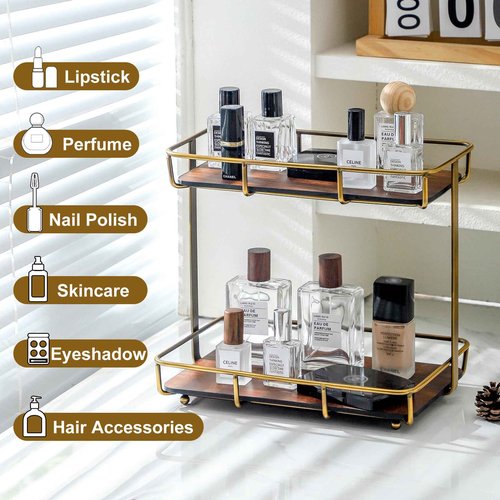 Dobbyby Bathroom Organizer Countertop Perfume Organizer Makeup Organizer Cosmetics Storage Display Rack Vanity Tray Dresser Stainless Steel Gold Shelf Wooden Tray