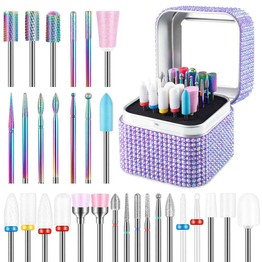 30PCS Nail Drill Bits Set with Holder Case, 3/32 Inch Professional Efile Cuticle Nail Bits for Nail Drill, Ceramic Diamond Carbide Drill Bits for Acrylic Gel Removal Polish Nail Tech (Purpe)