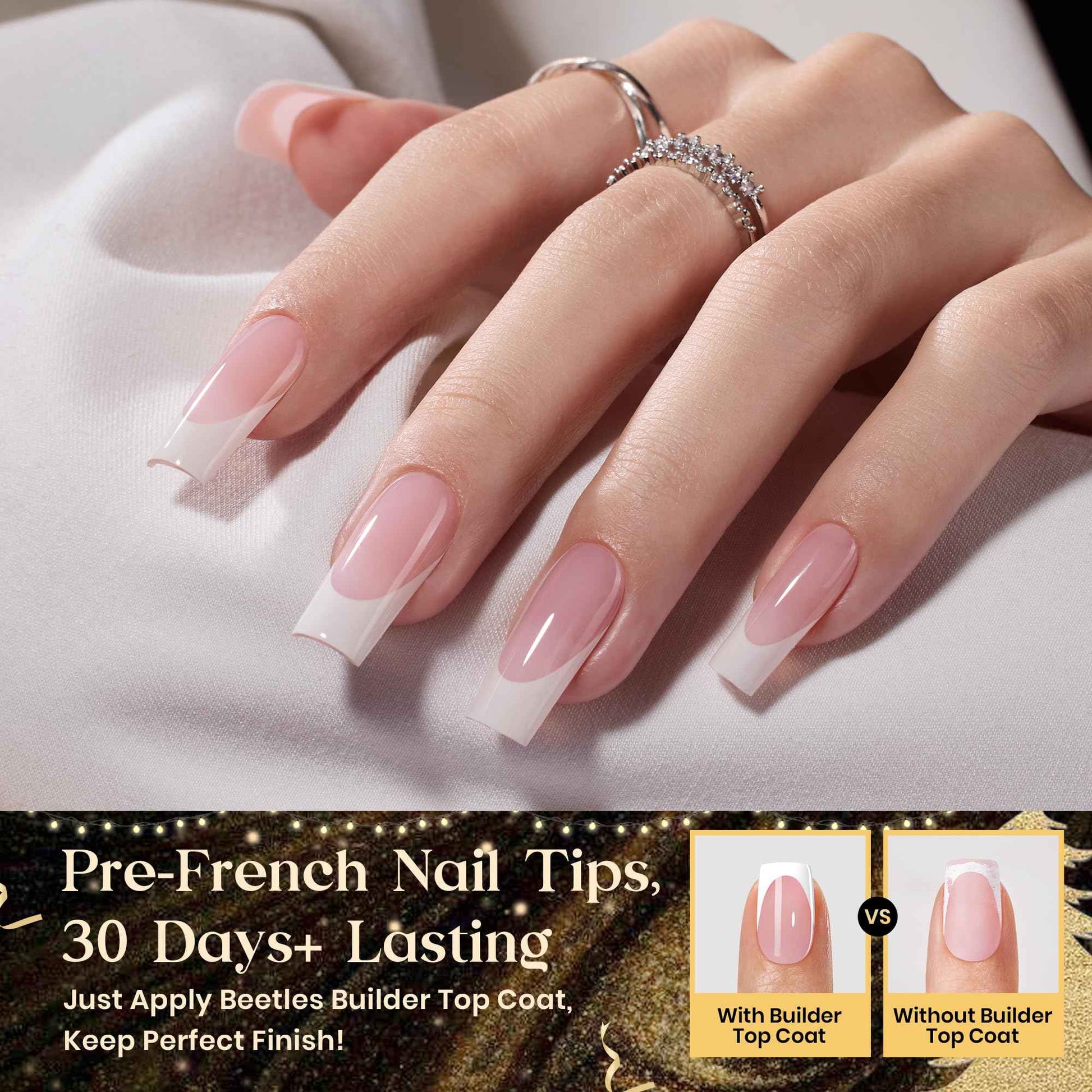Beetles X Press Plus On Nails Kit - Rose French | Pink Long Square French Tip Press On Nails | 224Pcs 16 Sizes All-in-One Kit With Nail Glue，Remover，Builder Top Coat，Nail Lamp