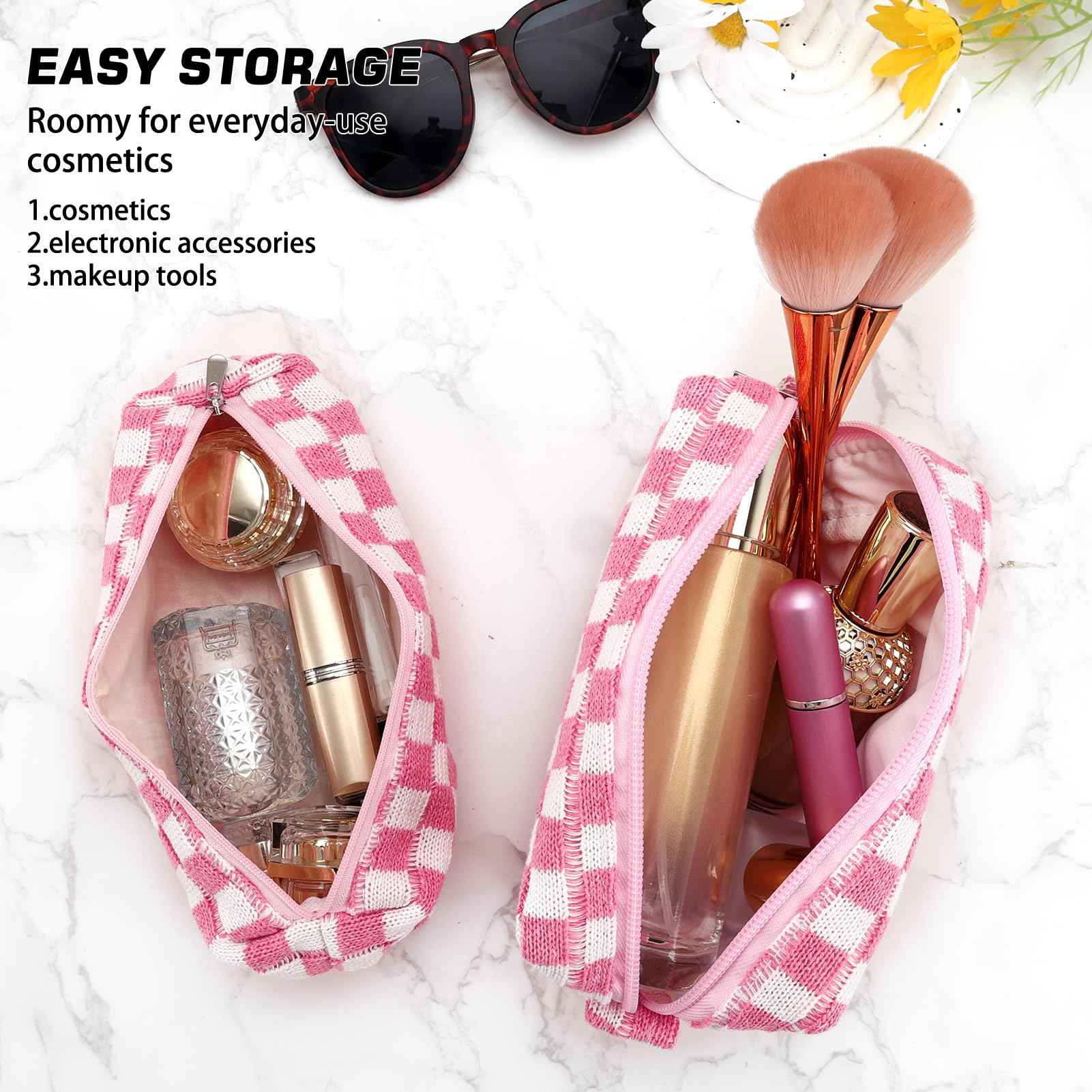 ZLFSRQ 2Pcs Checkered Pencil Case Cute Pencil Pouch for Teens Pink Checkered Makeup Bag Travel Cosmetic Bag Set Cute Preppy Makeup Pouch for Purse Portable Zippered Skincare Toiletry Bags Organizer