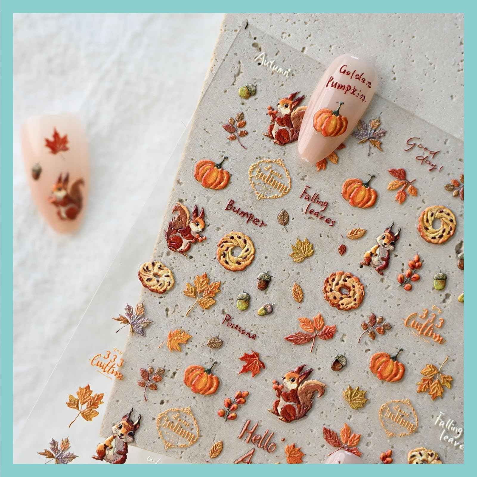 CESTSIREN Fall Squirrel Nail Art Stickers, Maple Leaves Nail Decals, Self-Adhesive,Autumn Nail Accessories & Supplies, Durable & Long-Lasting