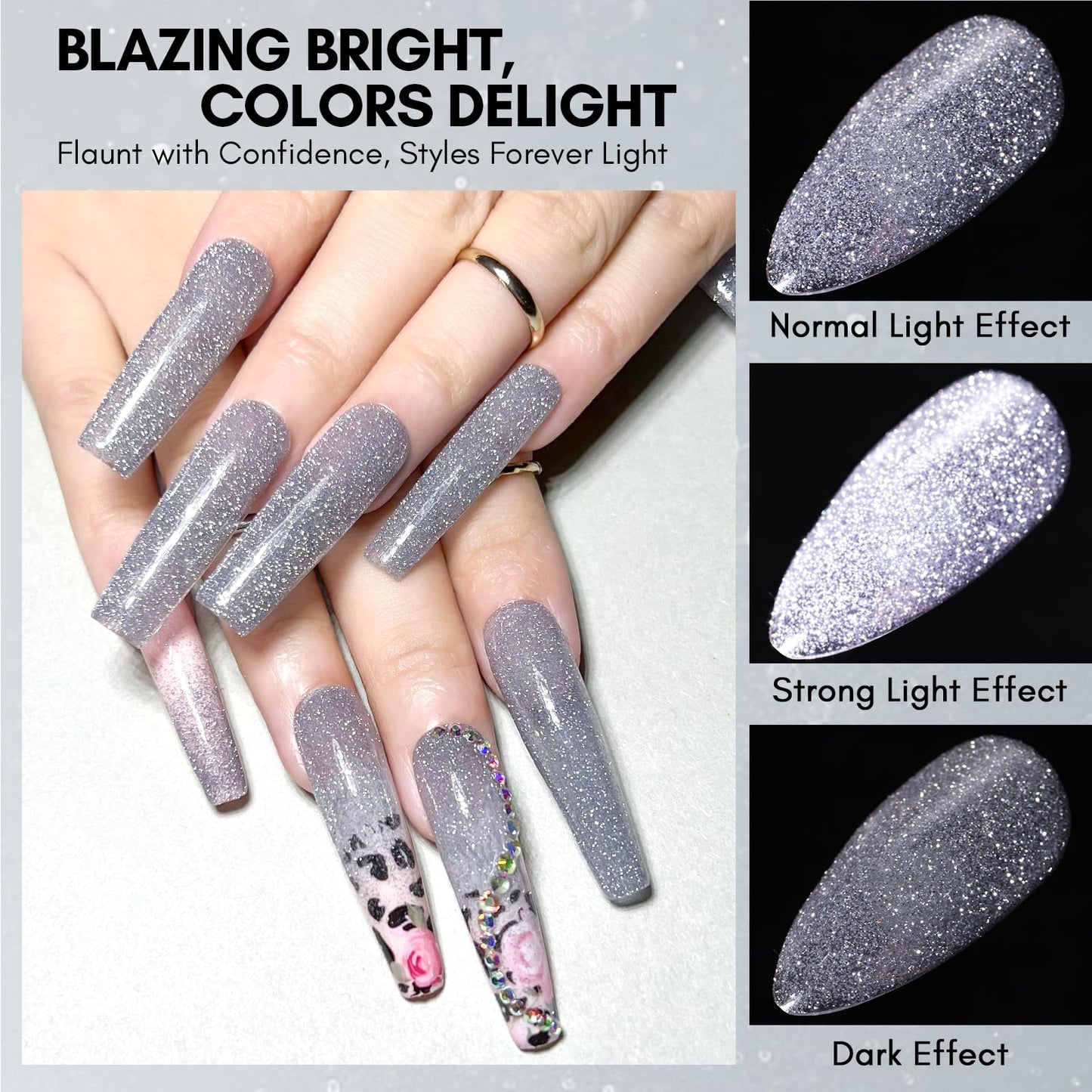 Makartt Reflective Glitter Gel Nail Polish RING ON IT Sparkling Disco Soak Off Diamond Gel Nail Art Christmas Gift DIY Manicure Salon at Home Glamour Shine Grey 15ML