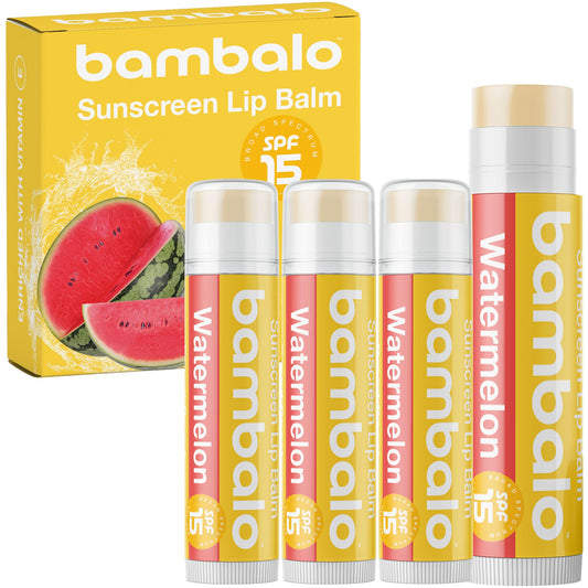 Bambalo 4-Pack Watermelon SPF 15 Lip Balm - Organic Ingredients, Broad Spectrum UVA/UVB Protection - Hydrating & Moisturizing, USA Made