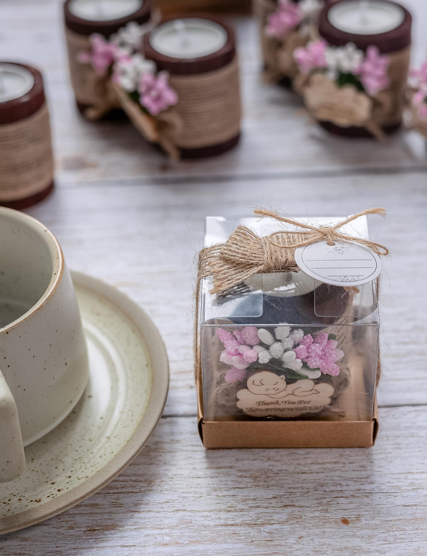 Ju's Favors Wooden Candle Holders (Set of 10), Baby Christening Favors, Girl Christening Favors, Baby Christening Party Favors for Guests. (Dark-pink baby)