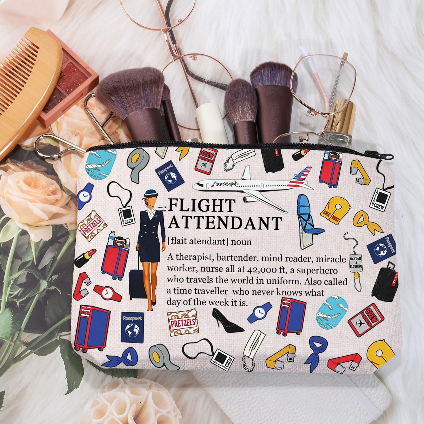 MEIKIUP Flight Attendant Gifts Air Stewardess Cosmetic Travel Bag Stewardess Aviation Makeup Pouch Flight Student Graduation Gift (Flight Attendant noun Bag)