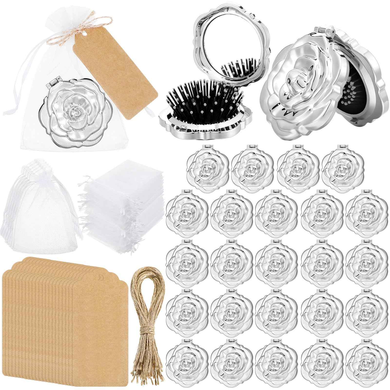 Singhoow 24 Sets Rose Compact Mirrors Brush Bulk Quinceanera Party Favors for Guests Travel Mirror Thank You Gifts Bulk for Sweet 16 15 Party Favors Bridal Shower Wedding Souvenirs(Silver)