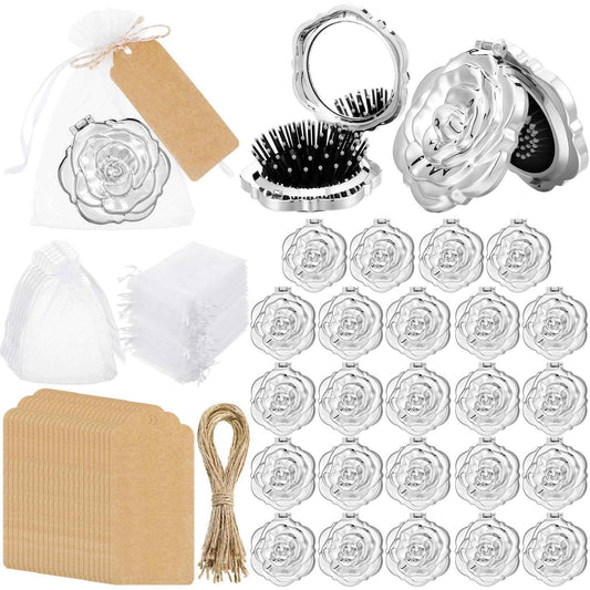 Singhoow 24 Sets Rose Compact Mirrors Brush Bulk Quinceanera Party Favors for Guests Travel Mirror Thank You Gifts Bulk for Sweet 16 15 Party Favors Bridal Shower Wedding Souvenirs(Silver)