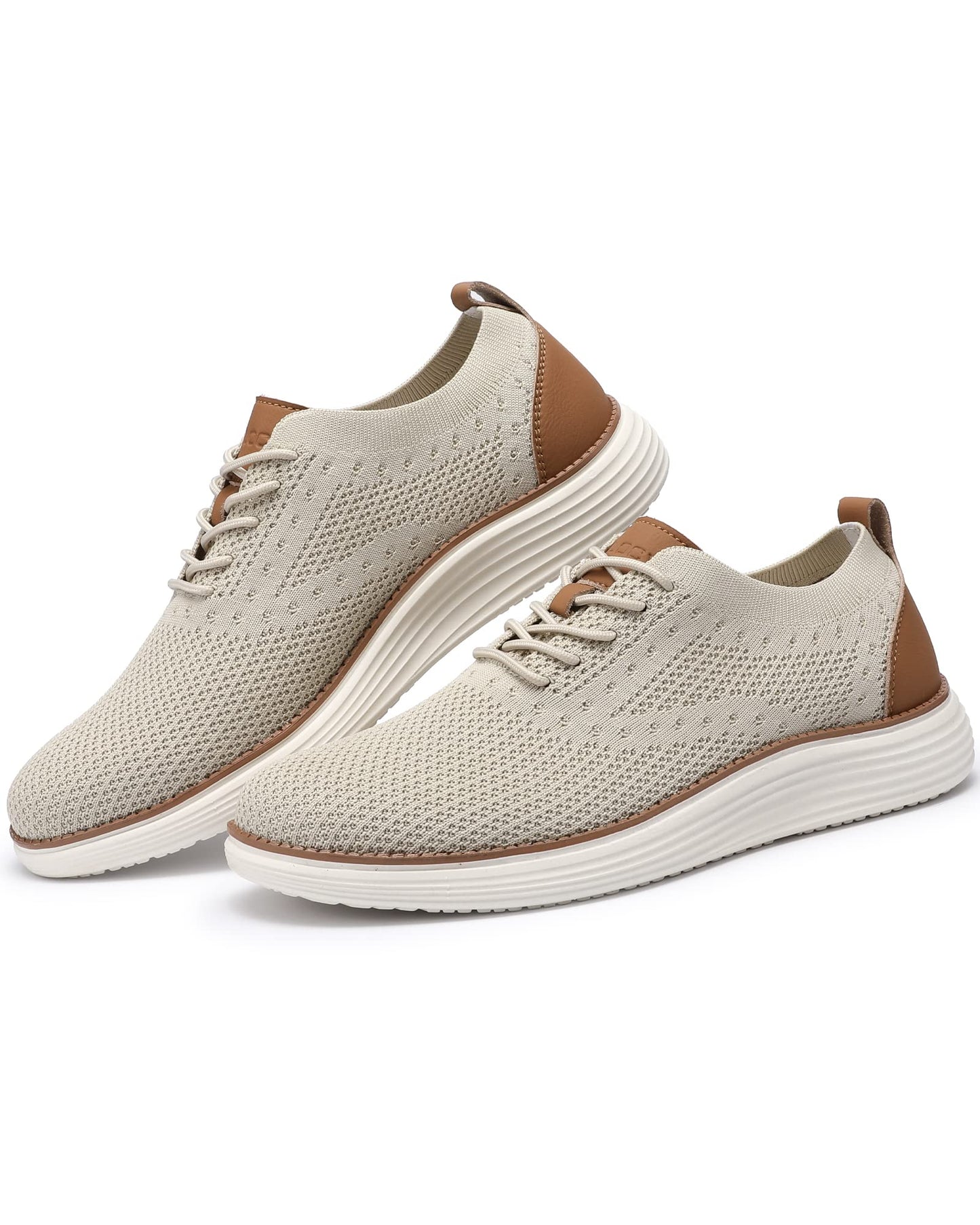 VILOCY Men's Casual Dress Sneakers Oxfords Business Shoes Lace Up Lightweight Comfortable Breathable Walking Knit Mesh Fashion Sneakers Tennis Beige,EU40