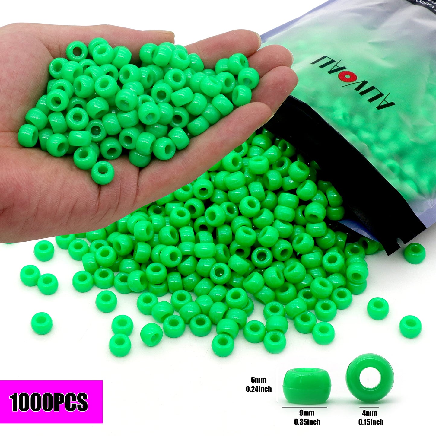 Auvoau 1000Pcs Pony Beads Bracelet 9mm Green Plastic Barrel Pony Beads for Necklace,Hair Beads for Braids for Girls,Key Chain,Jewelry Making (Green)