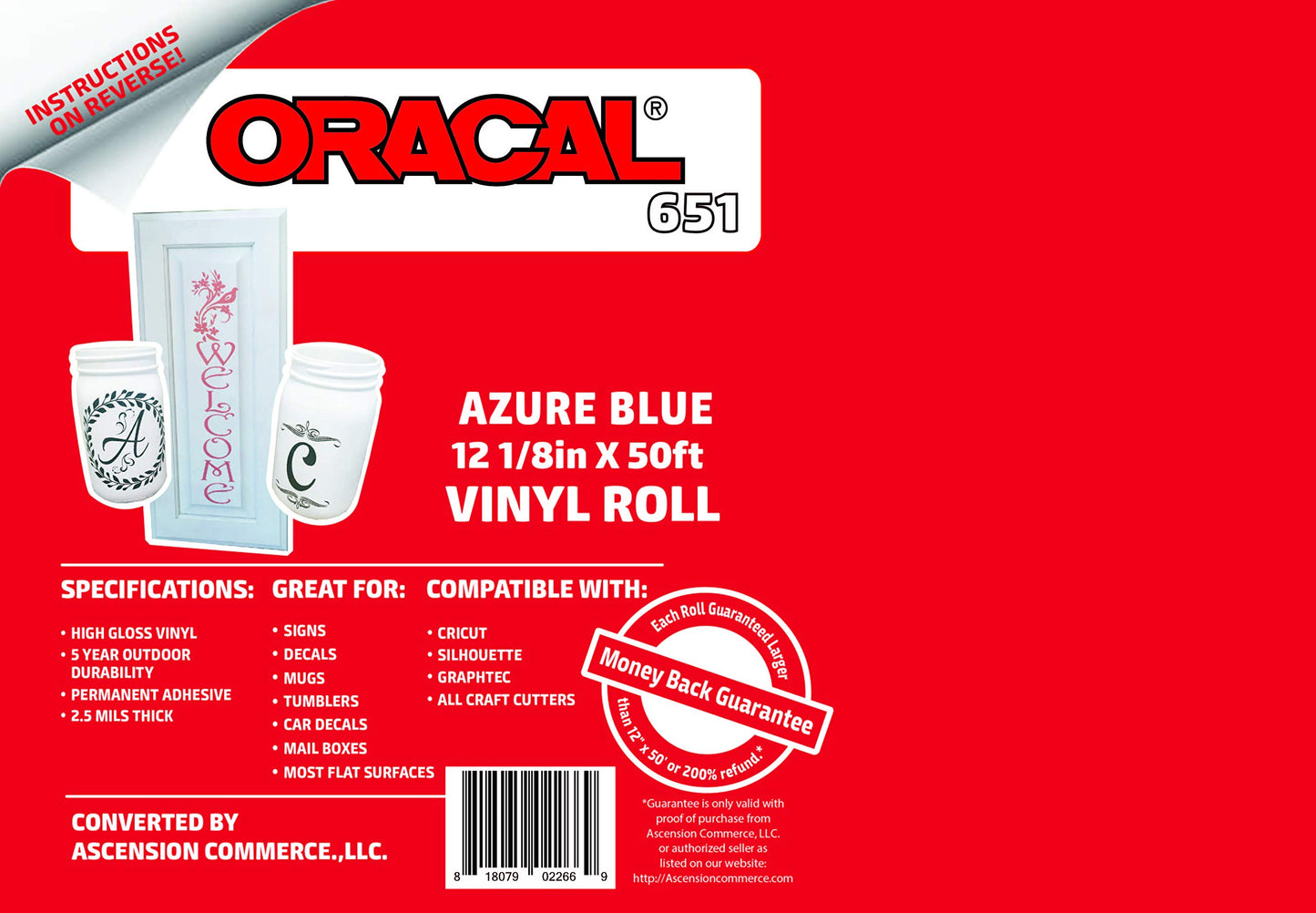 12.125" x 50ft Roll of Oracal 651 Azure Blue Craft Vinyl - On a 2.5" Core - Adhesive Vinyl for Cricut, Silhouette, and Cameo Cutters - Gloss Finish - Outdoor and Permanent