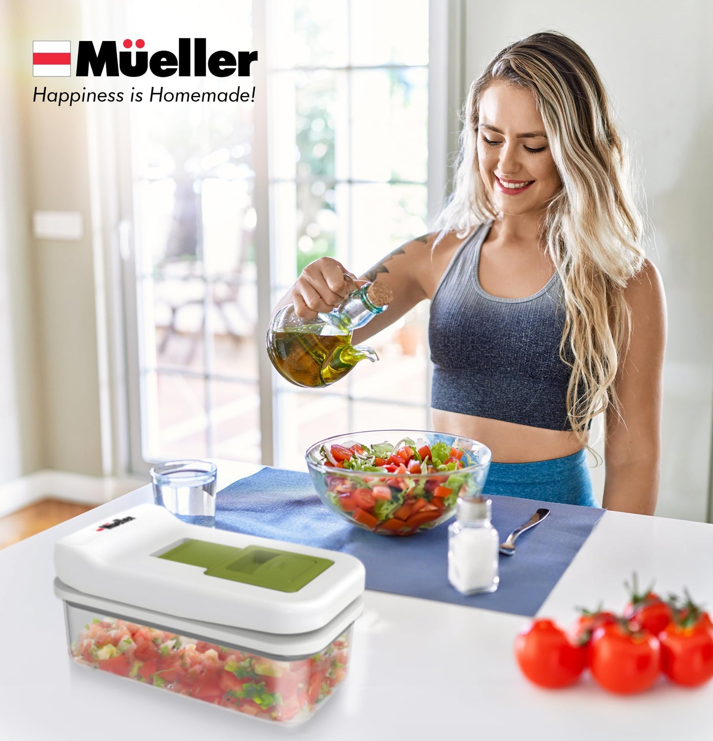 Mueller Pro-Series V Blade Veggie Chopper, Egg Slicer, Spiralizer, Dicer, Cutter, Food Chopper, Gifts for Mom, Kitchen Accessories & Kitchen Essentials with Food Container and Lid White Sand/Green