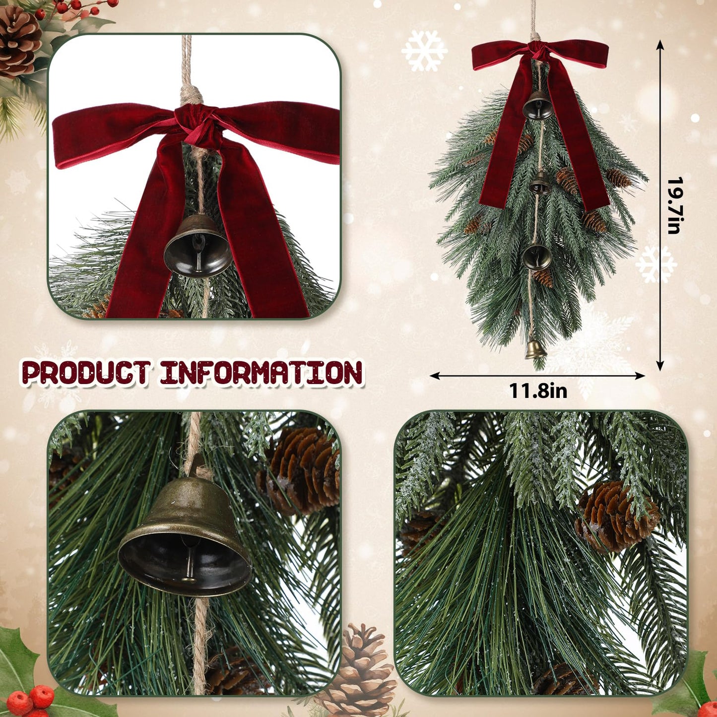 2 Pack Christmas Teardrop Swag 20 Inch Rustic Door Swag Teardrop Wreath Artificial Norfolk Pine Needle Hanging Garland Greenery with Bell Velvet Bow for Outdoor Mantle Fireplace Decor(Wine Red)