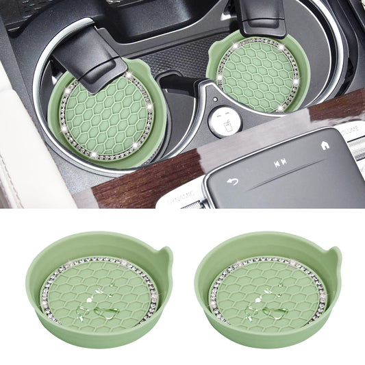 Amooca Car Cup Coaster Universal Non-Slip Cup Holders Bling Crystal Rhinestone Car Interior Accessories 2 Pack Tea Green