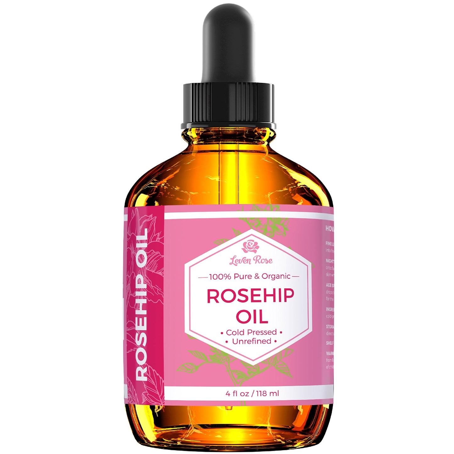 Leven Rose Rosehip Seed Oil for Face 4 oz - Pure Rosehip Oil for Face - Unrefined Cold Pressed Rosehip Oil for Body - Nighttime Face Moisturizer for Hair, Skin & Nails