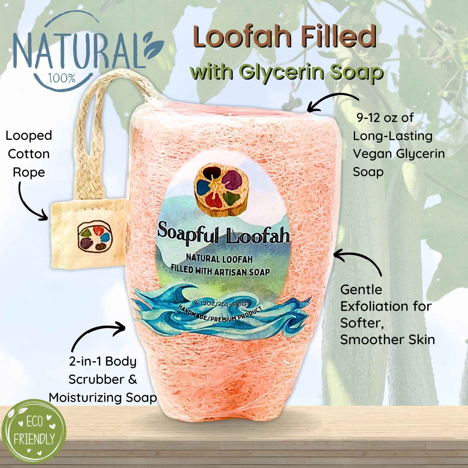 Soap Bar Loofah| Natural Loofah Sponge | Loofah Exfoliating Body Scrubber | 9-12 0z of Plumeria Scented Artisanal Handmade Natural loofah soap in a Disposable Shower Loofah