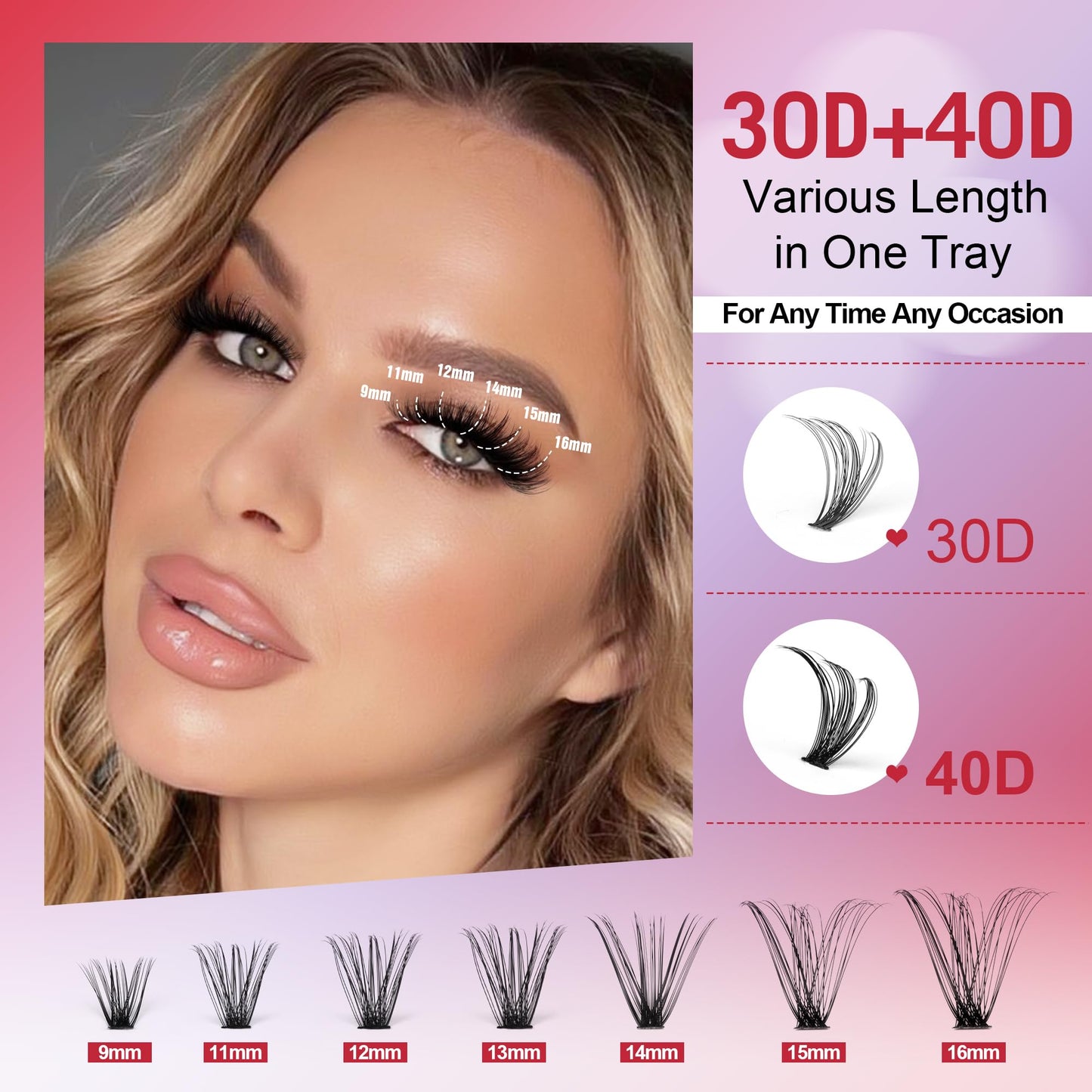 Pawotence DIY Lash Extension Kit Individual Lash Clusters D Curl 9-16mm Eyelash Extension Kit with Lash Bond and Seal and Lash Tweezer for Self Application at Home (30D+40D-0.07D-9-16MIX PORTABLE KIT)