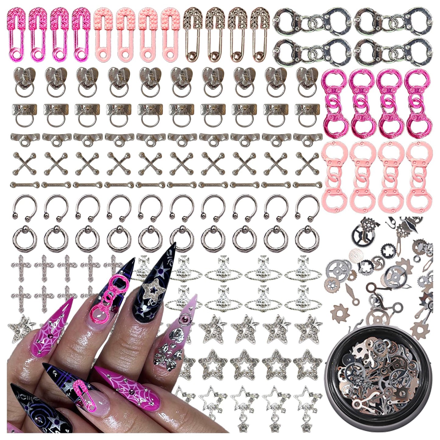 BBATT-HAPPY 144PCS Nail Charms for Acrylic Nails,Silver Star Planet Cross Punk Door Handle Pin Handcuffs Mechanical Parts Alloy Nail Art Accessories,Nail Jewels for Nail Art Supplies Craft DIY