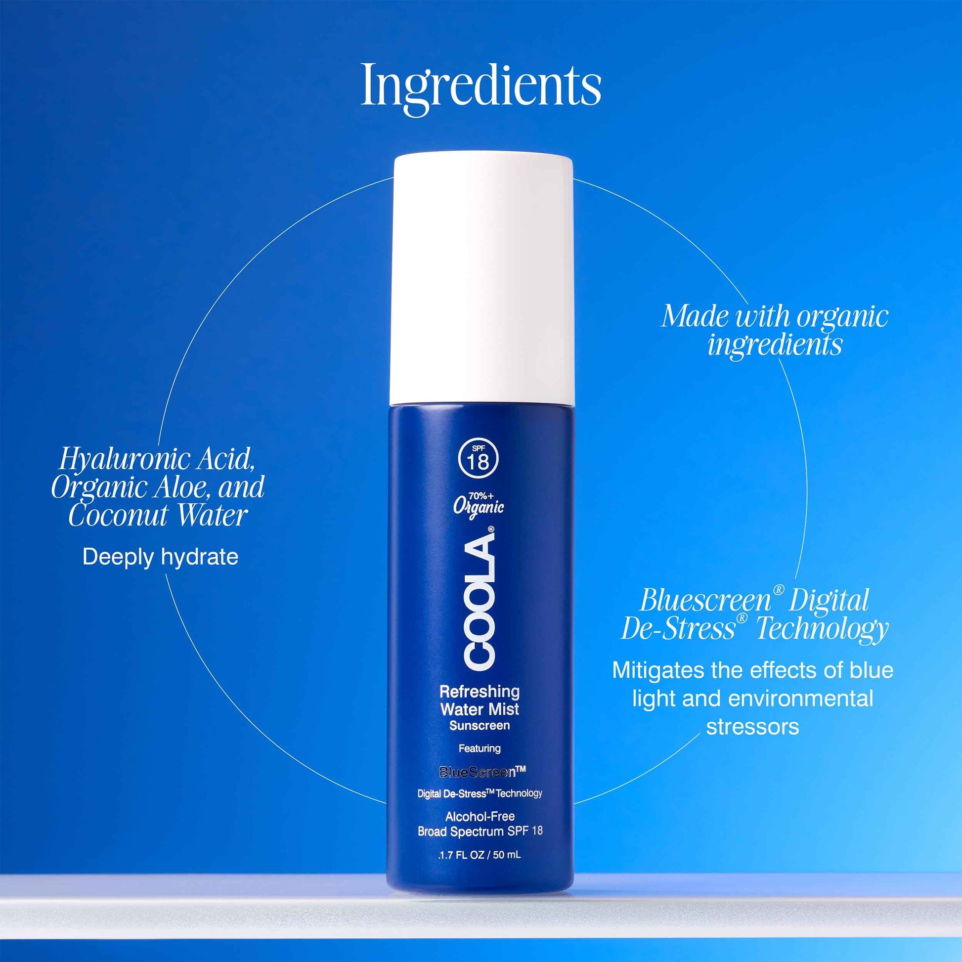 COOLA Organic Refreshing Water Mist Face Moisturizer with SPF 18, Dermatologist Tested Face Sunscreen with Plant-Derived BlueScreen Digital De-Stress Technology, 1.7 Fl Oz