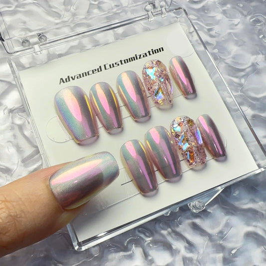 WOMHOPE Press on Nails False Nails Handmade Acrylic Nails for Women and Girls Aurora Power Rhinestone Full Cover 10pcs Almond,Coffin,Oval (Short Coffin, Medium)