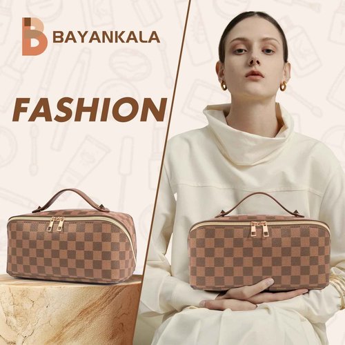 BAYANKALA Leather Travel Makeup Bag, Large Capacity Cosmetic Bag for Women, Waterproof Portable Pouch with Divider, Toiletry Organizer with Handle, 10.5x5x5 Inches, Deep Brown