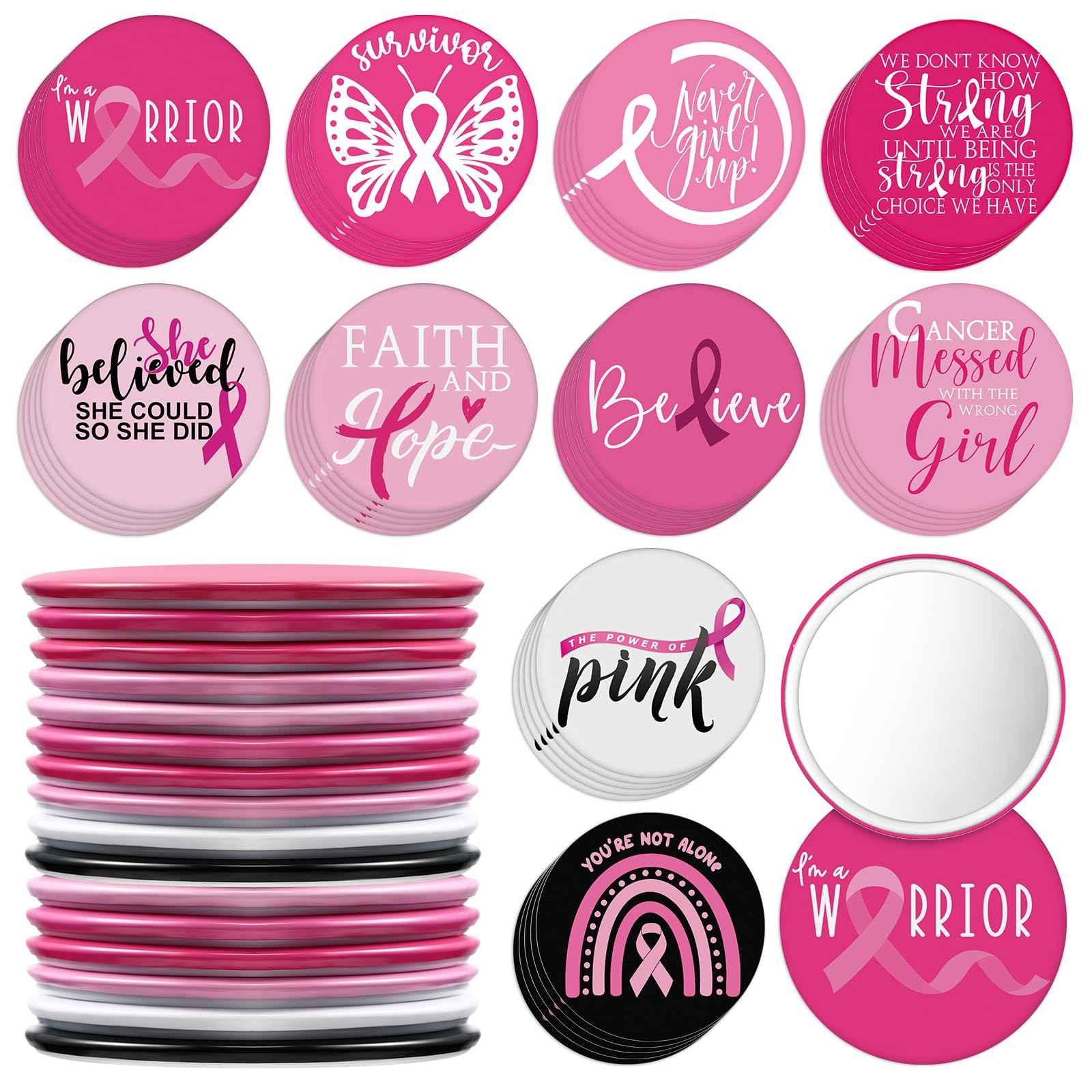 Wonderjune 200 Pcs Breast Cancer Awareness Gifts Pocket Mirror Bulk Portable Travel Mirrors Pink Ribbon Breast Survivor Compact Mirror for Charity Women Public School Events Supplies (Inspirational)