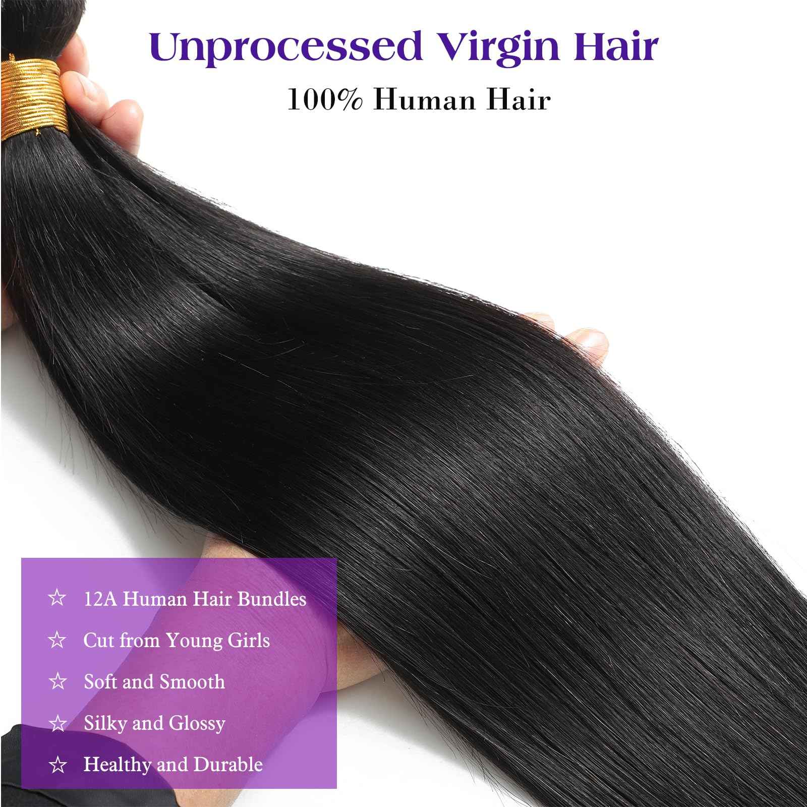 Kaidene Single Bundles Human Hair 24 Inch Straight Human Hair Bundles Natural Black Unprocessed Brazilian Virgin Raw Hair Extensions for Quick Weave and Sew in