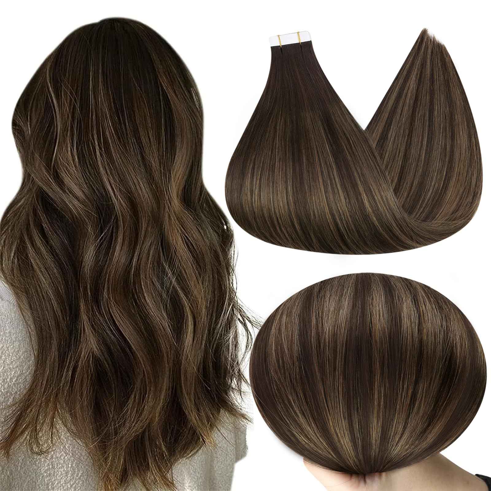 Full Shine Tape in Hair Extensions Real Human Hair 20Inch Double Sided Hair Extensions Tape in Adhesive 20Pcs 50G Dark Brown to Ash Brown Seamless Tape in Extensions Invisible Skin Weft Add Volume