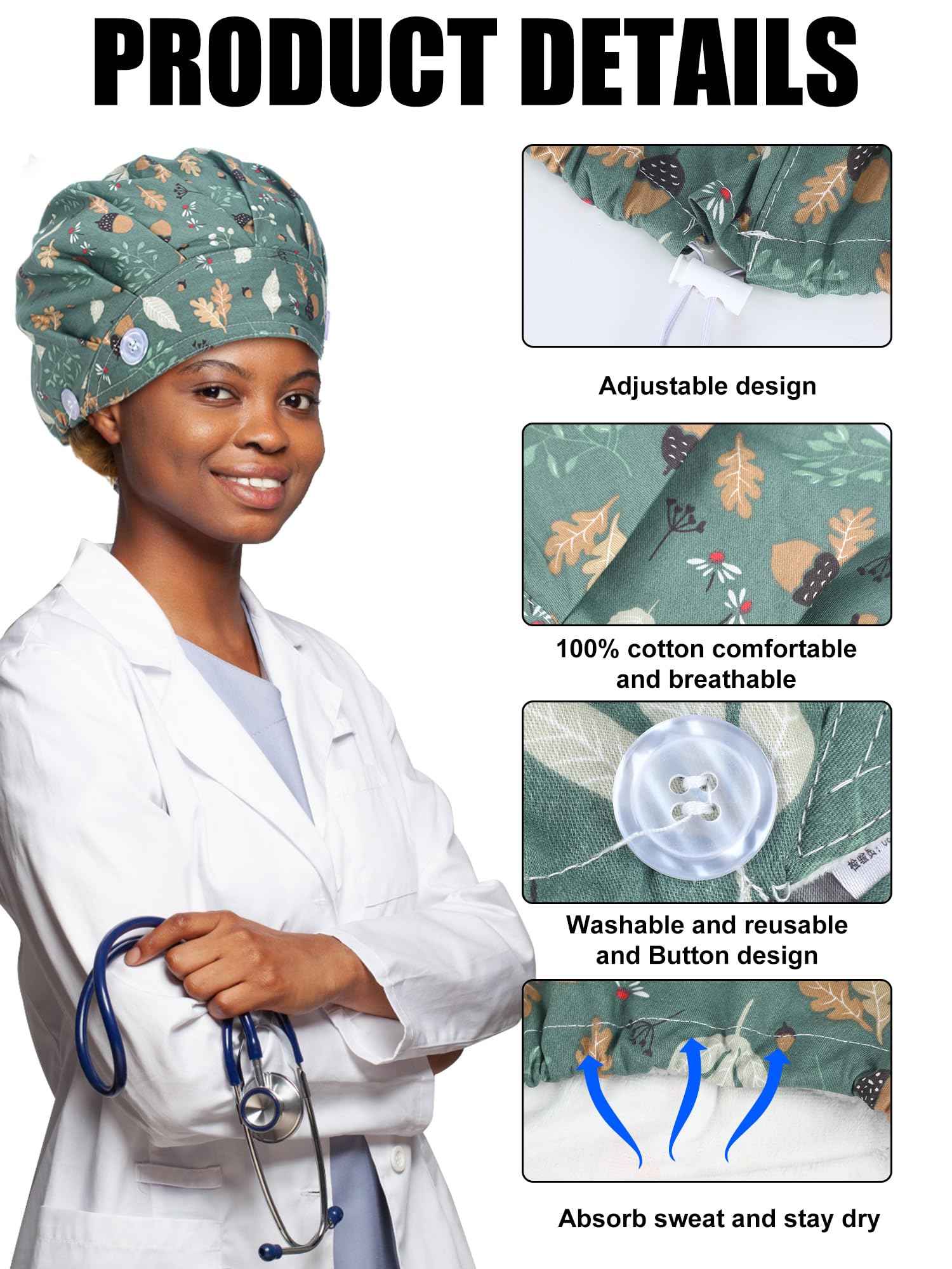 Floraltop 6 Pcs Satin Lined Scrub Caps Women Nurse Surgical Hat with Buttons Ponytail Working Adjustable Pouch Tie Back(Classic Style)
