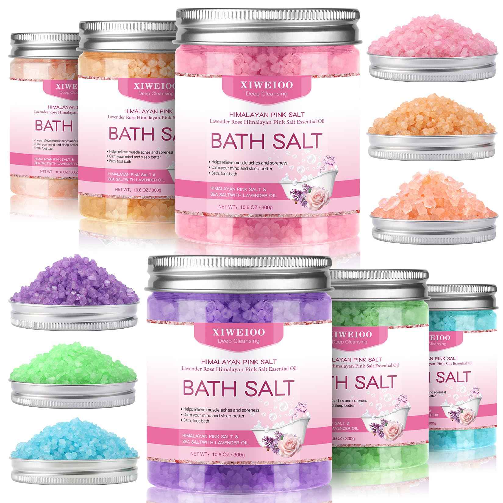 XIWEIOO 6 Pack Bath Salt KIT for Soaking Himalayan Pink Salt Lavender Orange Rose Pink Scent Epsom Salt Bubble Bath for Women Gift with Dead Sea Salt Moisturizing Skin Essential Oil