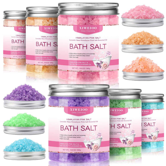 XIWEIOO 6 Pack Bath Salt KIT for Soaking Himalayan Pink Salt Lavender Orange Rose Pink Scent Epsom Salt Bubble Bath for Women Gift with Dead Sea Salt Moisturizing Skin Essential Oil